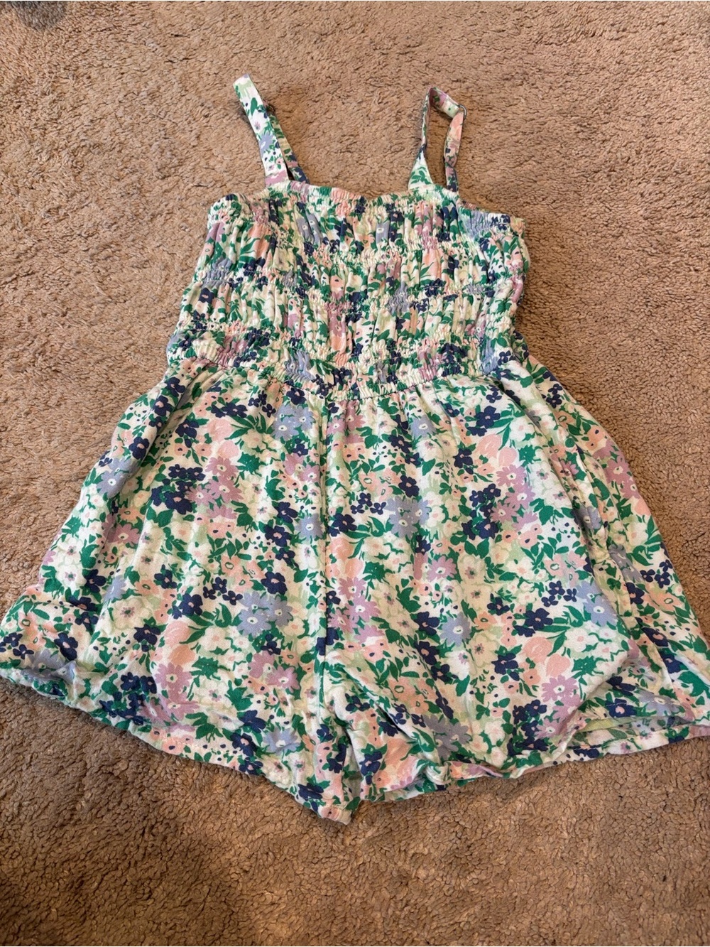 abercrombie kids Floral Smocked Romper in Pink, Green & Blue